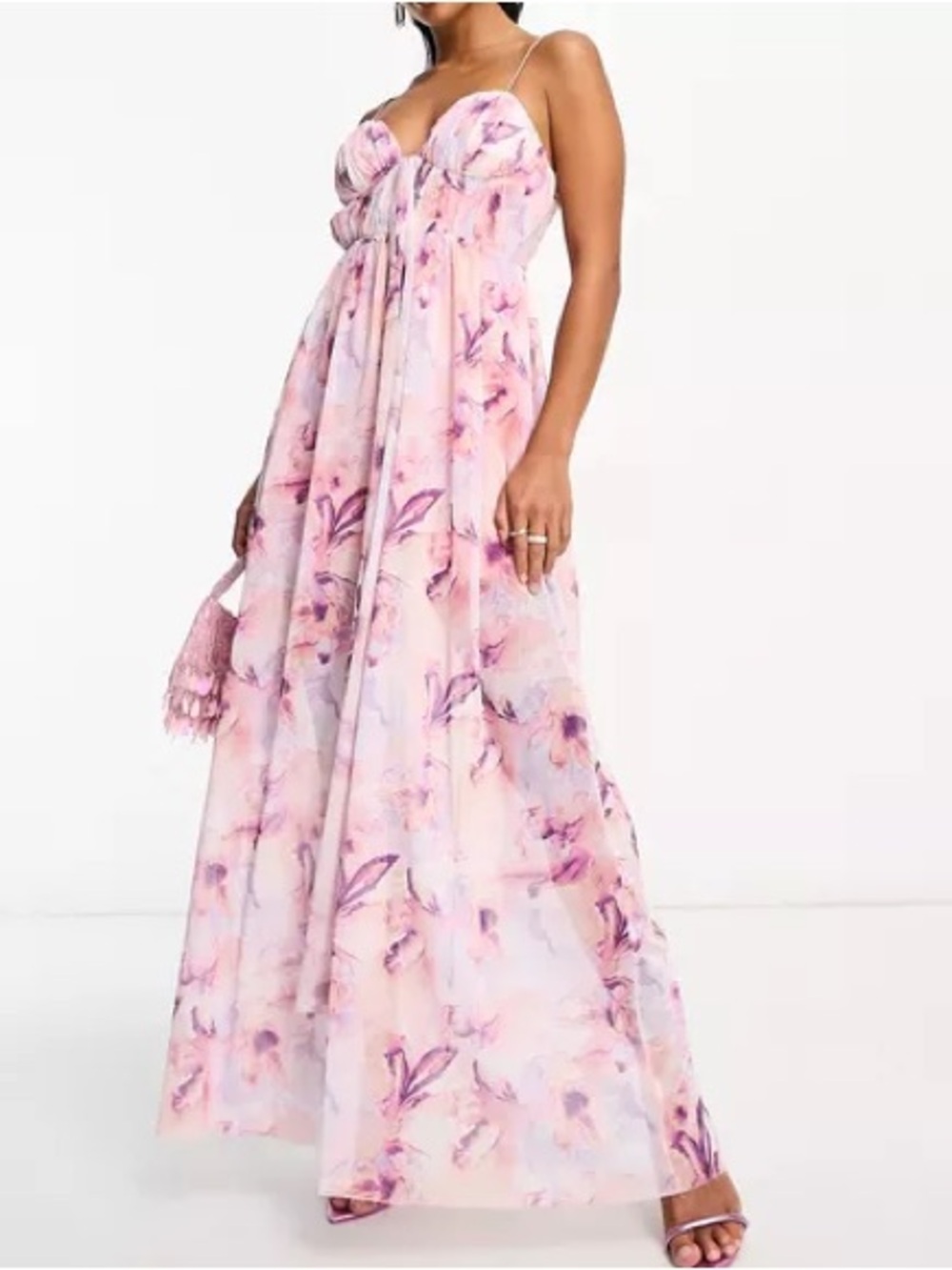 Pink Floral Petite Maxi Dress with Spaghetti Straps